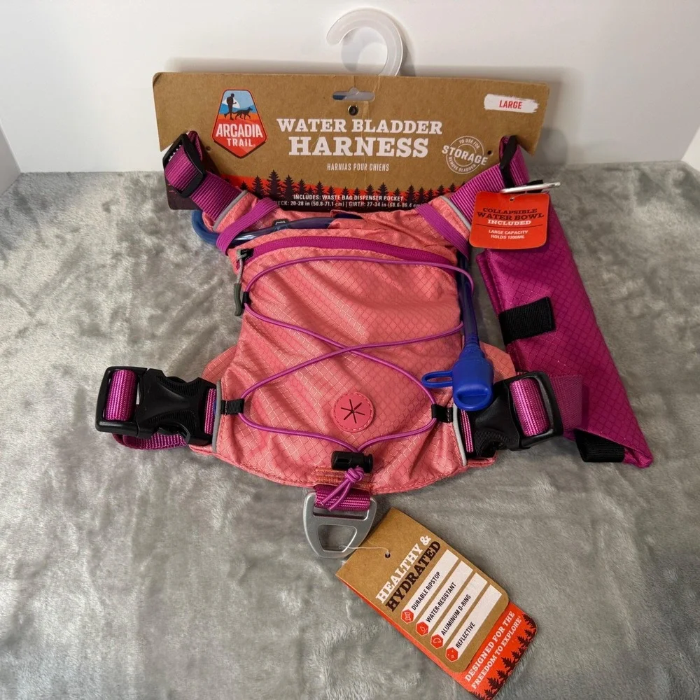 Dog Harness Arcadia Trail Water Bladder Hydration Set Pink Large Bowl New‎